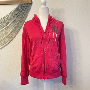Y2K American Eagle Women Hoodie L Pink Full Zip Fleece Rib Hem